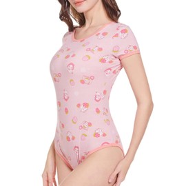 Landofgenie Women's Bodysuit Short Sleeve Cotton Onesie Pyjamas Bodysuit One-Piece Onesie Romper Strawberry Cow, pink