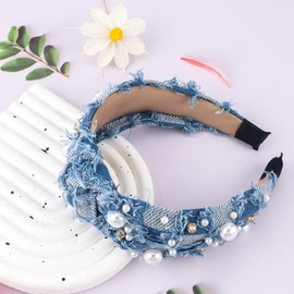 PLwelth Denim Headband Pearl Knotted Hairband for Women Girls Cute Sparkle Diamond Headband Non Slip Embellished Wide Top Knot Hairband for Thin Thick Long Curly Hair Accessories Party Decoration