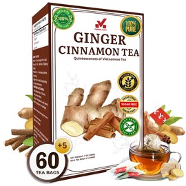 65 Premium Ginger Cinnamon Tea Bags, 3g/Bag, Handmade, Made with Natural Ingredients, Sugar/Caffeine/Gluten Free, Supports Digestion & Provides Soothing Warmth (60+5 Tea Bags)