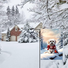 Winter Garden Flag 12x18 Double Sided Burlap, Seasonal Vacation Cardinal Shih Tzu Dog Garden Flags Winter Christmas Decorations for Home Outdoor Decor, Small Decorative Winter Yard Flags for Outside