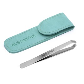 AUSOMTEK Pinzas para Barba, Pinzas para Depicar Cabello Blanco, Acero Inoxidable, Pinzas de Depilación Fina, Herramienta para Dar Forma a las Cejas, Punta de 5mm, Estuche de PU Cian 1 Paquete