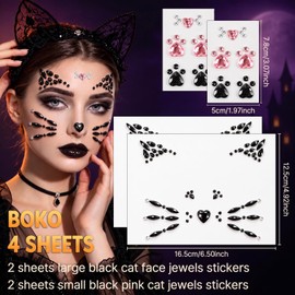 4Pcs Crystal Cat Face Gems Stickers, Halloween Cat Print Gem Jewels