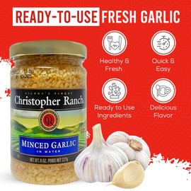 Christopher Ranch Minced Garlic in Water | California-Grown Fresh Garlic | Pre-Minced for Quick Cooking | Gluten-Free & Vegan-Friendly | Ideal for Sauces, Marinades & Everyday Recipes | 8 Oz / 227g