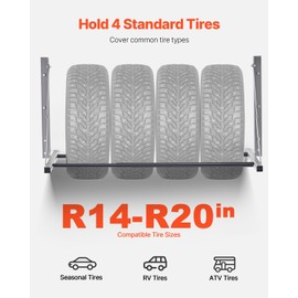 VEVOR Wall Mounted Folding Tire Rack, 32" - 48" Adjustable Tire Rack, Q235 Heavy-Duty Steel Tire Storage Rack for R14-R20 inch Standard Tires, Max 300lbs Load Capacity for Garage Workshop Repair Shop