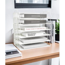 YFS A4 Mesh Letter File Folder Holder, Paper Organizer Letter Tray with Handle, 6 Tier Stackable Letter Tray, Document Organizer, Office Decor (A4,Horizontal,White, 6 Tier)