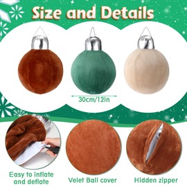 Sinmoe 3 Pcs Christmas Ball Pillows 12 Inch Round Velvet Christmas Shaped Throw Pillows Inflatable Ball Ornament Decor Cushion for Couch Chair Bed Living Room Lawn Porch Outdoor (Solid Color)