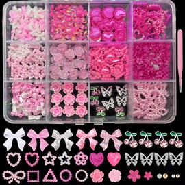 600 PCS 3D Nail Charms Set Pink and White Bow Pearl Nail Charms Butterfly Heart Rose Cherry Flower Nail Charms and Gems Y2K Nail Pearls Jewelry for Nail Art Supply
