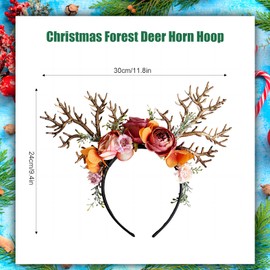 Deer Antlers Headband, Christmas Antlers Flower Branches Headband, Reindeer Antlers Headband with Flowers, Antlers Headpiece Christmas, Headgear with Antler Flowers for Children Adults