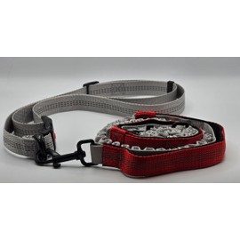 Hands Free Dog Leash with Adjustable Waist Belt, Dual Padded Handles, Elastic Bungee Ropes for Small to Large Dogs, Reflective Stitches for Walking, Hiking, Running and Biking. (Gray and Red, Large)