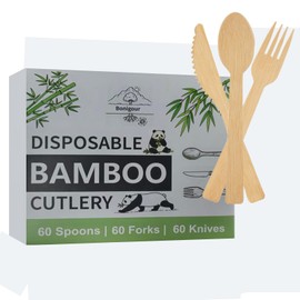 Bonigour Bamboo Cutlery Set | Compostable Utensils for Eating | 180 Pieces Bamboo Disposable Utensil [60 Forks, 60 Spoons, 60 Knives ] | Biodegradable Utensils for Parties (180)