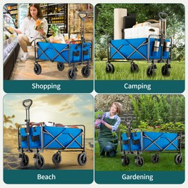 SMUG Collapsible Wagon Cart Foldable, 35" L Folding Beach Wagon with All-Terrain Wheels, Heavy Duty Shopping Cart with 350lbs Large Capacity, Portable Camping Wagons Carts for Grocery Garden, Blue
