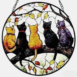 DMFR 7.8 Inch Stained Glass Window Hanging Suncatcher, Five Cats on a Branch Suncatcher Window Decoration for Home, Bedroom, Garden, Housewarming Present, Cat Lover Gift
