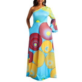 VERWIN Geometric Asymmetric Oblique Collar Women's Maxi Dress Pullover One Sshoulder Long Dress L Blue