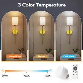 NIORSUN 24 inch Battery Operated Wall Sconce Set of 2, Gold Wireless Rechargeable Wall Lights with 5200mAh Dimmable Detachable Bulbs and Remote, 9 Colors Sconces Wall Decor for Bedroom Living Room