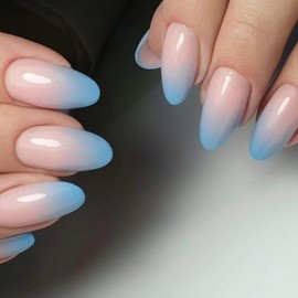 MISUD Press on Nails Medium Almond Fake Nails Glossy Glue on Nails Blue Gradient Acrylic Nails Stiletto Artificial Nails Ombre False Nails with Design 24 pcs