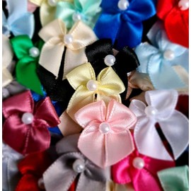 Trucraft - 22mm Dainty Satin Ribbon and Single Pearl Craft Bows - Mixed - Pack of 10
