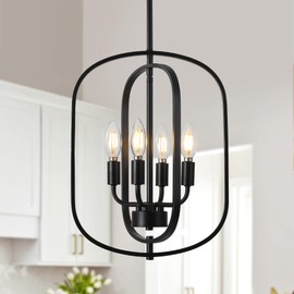 ACNKTZ Black Farmhouse Chandelier for Entryway, 4-Light Geometric Pendant Lights Kitchen Island, Industrial Foyer Lighting Fixtures, Metal Hanging Light Fixture for Dining Room Staircase Hallway