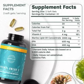 Primal.Harvest Primal Harvest Omega 3 Fish Oil Supplements, 30 Servings Soft Gels Capsules W/ 1