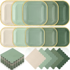 Zhehao 150 Piece Sage Green Plates and Napkins Includes 50 Each of 7" and 9" Gradient Green Square Paper Plates, 50 Scalloped Napkins for Baby Showers, Weddings, Birthday Parties Decorations