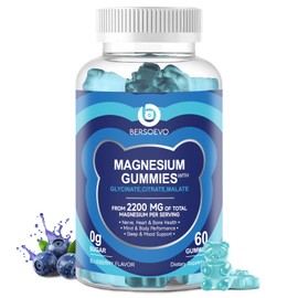 Magnesium Glycinate Gummies 2200 MG, High Absorption Magnesium Glycinate, Citrate, Malate Gummies for Adults and Kids, Sugar Free, Vegan for Sleep Support, Blueberry, 60 Count