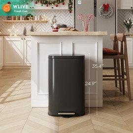 WLIVE 13 Gallon Stainless Steel Trash Can with Inner Bucket, Kitchen Garbage Can with Lid, 50L Soft Close Step Trash Can with Metal Foot for Home, Kitchen, Laundry Room, Office, Black