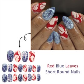 Flower Press on Nails Short Almond Fake Nails Red Blue Color False Nails with Floral and Leaves Designs Cute Summer Acrylic Nails Gloss Glue on Nails for Women Girls 24PCS