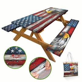 American Flag Picnic Table Cover with Bench Covers and Carrying Bag, Wood Grain USA Flag Art Eagle Outdoor Camping Essentials 6FT 4PCS Fitted Rectangle RV Must Haves Tablecloth