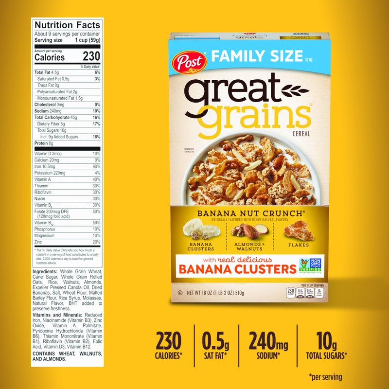 Great Grains Banana Nut Crunch Breakfast Cereal for Adults, Made