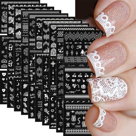 30 Sheets White Nail Art Stickers 3D Self-Adhesive White Lace Hollow Nail Stickers Cat Flower Star Moon Heart Nail Decals 3D Gold Retro Nail Art Design Manicure for Women DIY Acrylic Nails Decoration