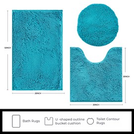 Flotstiga Bathroom Rugs Sets 3 Piece Ultra Soft Chenille Bath Mat, Non-Slip and Super Absorbent Bathroom Rug, Strong PVC Underside, Machine Washable Bath Mat for Toilet, Turquoise