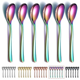 Rainbow Coffee Spoons 6 Pieces Kyraton 5.5 Inch Stainless Steel Titanium Coated Rainbow Tea Spoon Espresso Spoon Dessert Spoon Teaspoon Small Mini Spoon Set for Party Dishwasher Safe
