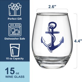 Nautical Stemless Wine Glasses Set of 4, Nautical Gifts for Boaters, Birthday Gift for Sailor, Anchor Compass Life Ring Helm Beach House Glasses 15oz, Coastal Ocean Marine Glasses for Wine or Cocktail