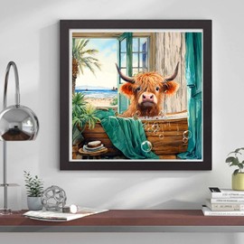 Cow Diamond Painting Kits for Adults, Highland Cow Diamond Art Kits for Adults, DIY Round 5D Diamond Painting Highlandcow Gem Art Paintings Kits for Home Wall Decor Gifts 12x12inch