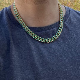 Bling Cartel Men's 14K Gold Plated Green Miami Cuban Chain 16"-24" Hip Hop Necklace 10.5MM Thick (20)