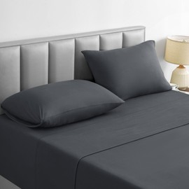 BYSURE Jersey Knit Twin Sheets Set 4 Pieces, Stretch Super Soft and Wrinkle-Free Bed Sheets, Spandex Blend with 14-inch Deep Pocket, Dark Grey