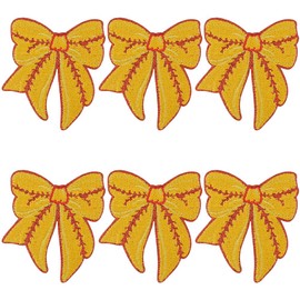 CABODYALS 6Pcs Yellow Bow Patches Iron On Baseball Pattern Embroidered Sew On Embellishment Applique Badge Bowknot Sports Repair Patch for Sewing Making Clothing Hats Backpacks Decor DIY Craft Supply