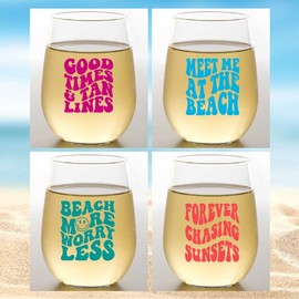 Wine-Oh! Set of 4 Stemless 16 oz Shatterproof PLASTIC Wine Glasses, USA-Made and Commercially Printed (RETRO BEACH), medium