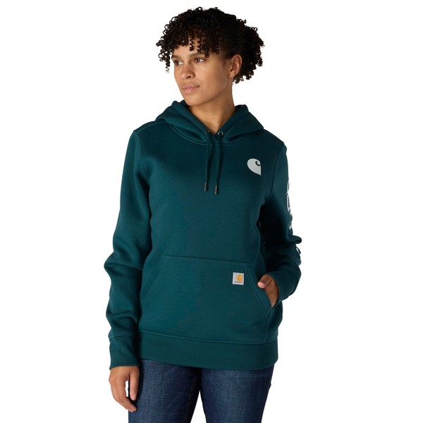 Carhartt Women's Relaxed Fit Midweight Logo Sleeve Graphic Sweatshirt, Greenstone,