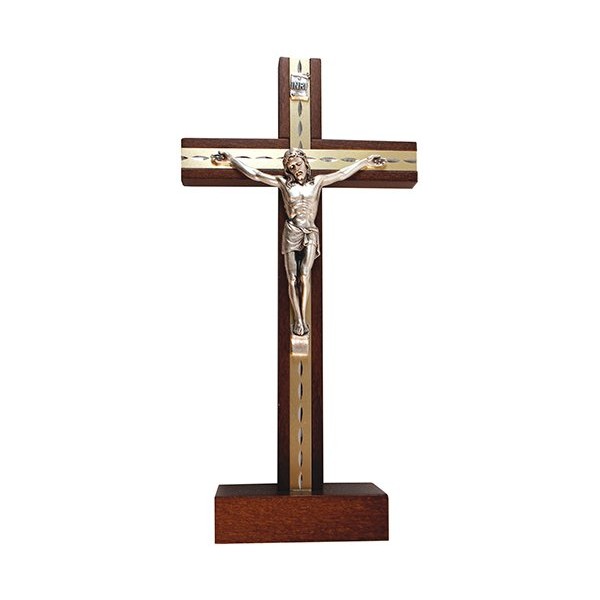 Biblegifts Standing Crucifix 9.5" 24cm Dark Wood Metal Inlay Corpus