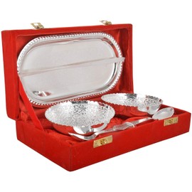 JR Gifts And Handicrafts Silver Plated 2 Bowls 2 Spoon with 1 Plate in Royal Velvet Gift Box | Diwali Gifting | Corporate Gifting | Anniversary Gifting | Birthday Gifting, Wedding Return Gift