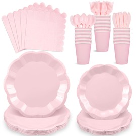 175 Pcs Light Pink Party Plates Cups and Napkins Set, 25 Guest Pink Party Supplies Include Scalloped Plate Napkin Cup Forks Knives Disposable Plastic Cutlery for Wedding Baby Shower Birthday Party