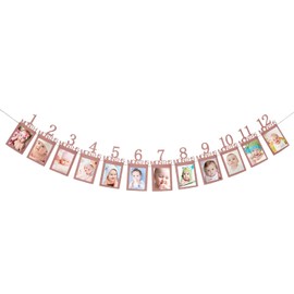 1st Birthday Photo Banner 1-12 Monthly Milestone Picture Banner Baby Shower 1st Birthday Banner Newborn to 12 Months Growth Record Rose Gold