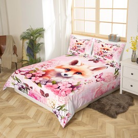 Cartoon Fox Duvet Cover for Boys Girls,Spring Summer Watercolor Flowers Butterfly Breathable Comforter Cover,Pink Print Romantic Farmhouse Flowers Comforter Cover 3 Pcs with 2 Pillowcases Full