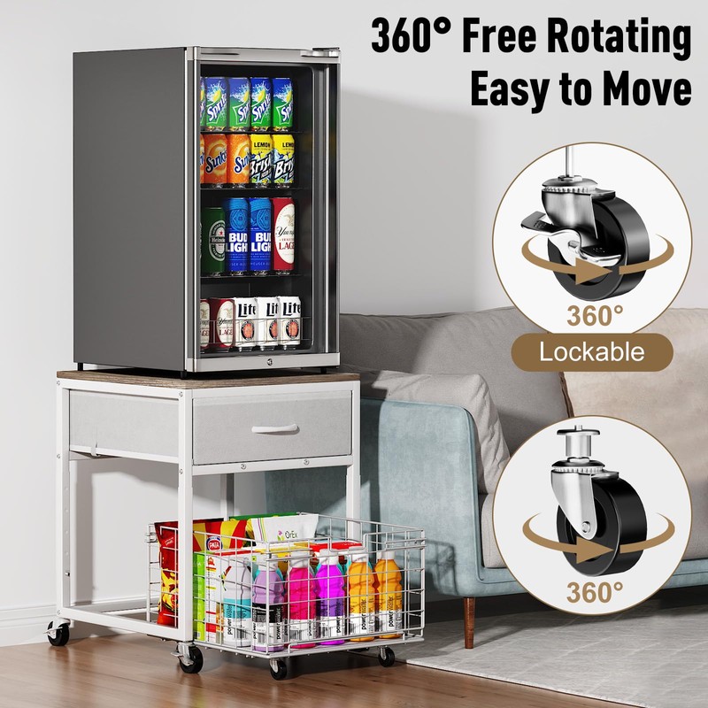 Housolution Mobile Mini Fridge Stand with Storage, Height-Adjustable Mini Beverage