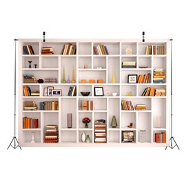 CORFOTO Fabric 5x3ft Bookshelf Backdrop Theme Photography Teacher Office Virtual Bookcase Background for Blurred Graduation Party Office Vintage Wallpaper Video Conference YouTube Shooting Props