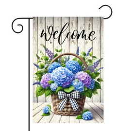 BlissYard Spring Welcome Garden Flag 12x18 Inches Hydrangea Basket Yard Flags Rustic Outdoor Flag for Spring Summer Outside Decorative