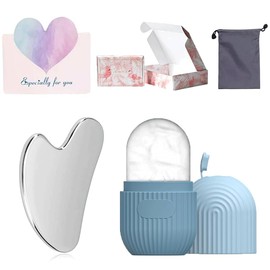 Juego de herramientas de masaje facial de dos piezas: Set de rodillo de silicona y raspador de acero inoxidable con bolsa de almacenamiento, herramienta de compresa fría facial reutilizable. (azul)