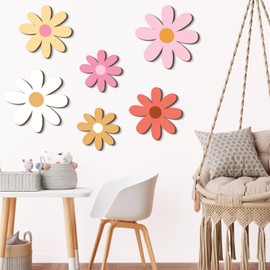 Thyle 6 Pcs Boho Daisy Wall Decor Boho Nursery Decor for Girls Natural Wall Hanging Bohemian Wooden Wall Art Farmhouse Flower Hanging Signs Decor for Home Office Nursery
