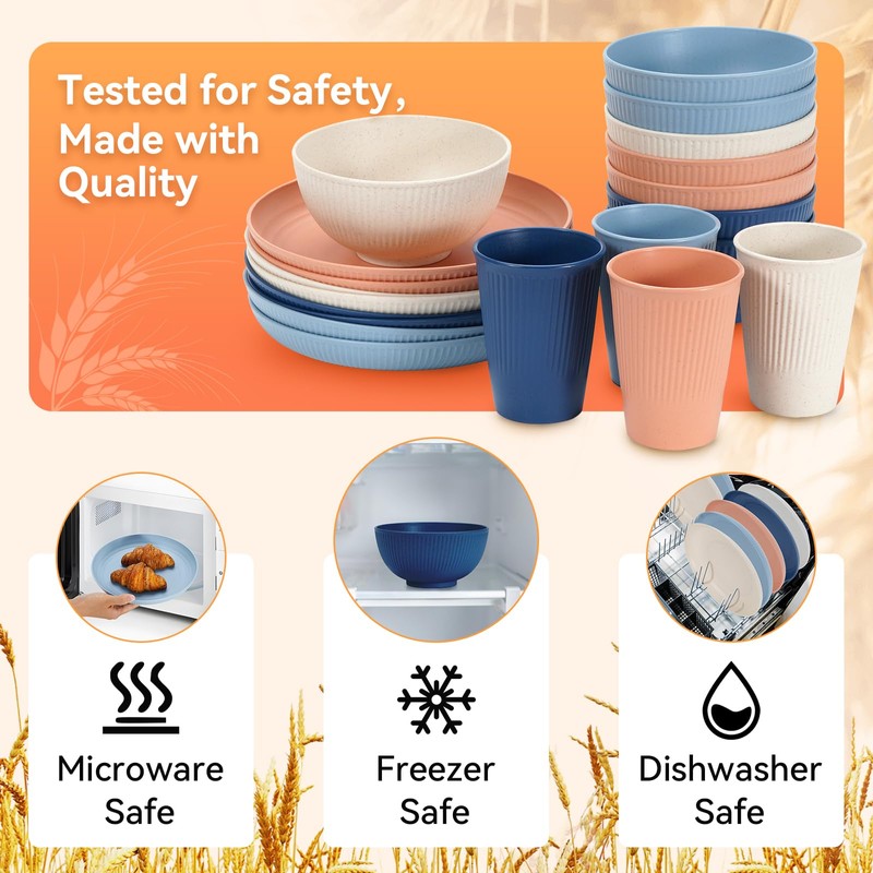 Wheat Straw Dinnerware Sets,64-Piece Plates and Bowls Sets for 8-Unbreakable,Reusable