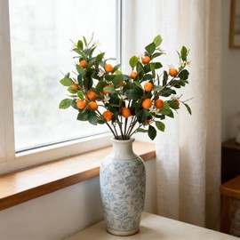 2PCS 37.4Inch Artificial Tangerine Branches Artificial Orange Branches Fake Orange Stem 12 Fruit with 20 White Flowers Long Stem for Home Party Wedding Office Thanksgiving Indoor Outdoor Decor